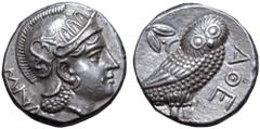 Greek Baktria, 'Athenian Series' AR Didrachm. Uncertain mint in the Oxus region, circa 261-239/8 BC. Attic standard. Head of Athena right, wearing earring, necklace, and crested Attic helmet decorated