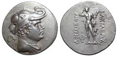 Greek Greco-Baktrian Kingdom, Demetrios I Aniketos AR Tetradrachm. Circa 200-185 BC. Diademed and draped bust right, wearing elephant skin headdress / BAΣIΛEYΩΣ ΔHMHTPIOY, Herakles standing facing, cr