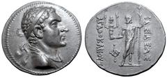 Greek Greco-Baktrian Kingdom, Agathokles Dikaios AR Tetradrachm. Circa 185-175 BC. Diademed and draped bust right / BAΣIΛEΩΣ ΑΓΑΘΟΚΛΕOYΣ, Zeus standing facing, holding figure of Hekate with torches in