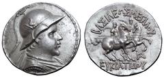 Greek Greco-Baktrian Kingdom, Eukratides I 'the Great' AR Tetradrachm. Circa 170-145 BC. Helmeted bust right / The Dioskouroi on horses prancing right, each holding spear and palm; ΒΑΣΙΛΕΩΣ ΜΕΓΑΛΟΥ ab
