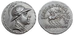 Greek Greco-Baktrian Kingdom, Eukratides I 'the Great' AR Tetradrachm. Circa 170-145 BC. Helmeted bust right / The Dioskouroi on horses prancing right, each holding spear and palm; ΒΑΣΙΛΕΩΣ ΜΕΓΑΛΟΥ ab