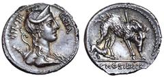 Roman Republic C. Hosidius C. f. Geta AR Denarius. Rome, 68 BC. Draped bust of Diana right, wearing stephane, earring, and necklace, and with bow and quiver over shoulder; III VIR downwards to left, G