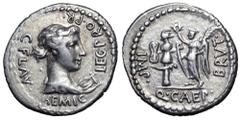 Roman Imperatorial Q. Servilius Caepio (M. Junius) Brutus AR Denarius. Military mint moving with Brutus in Lycia, 42 BC. C. Flavius Hemicullus(?), legatus pro praetore. Draped bust of Apollo right, ly