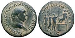 Roman Imperial Vitellius Æ Sestertius. Rome, AD 69. A VITELLIVS GERMAN IMP AVG P M TR P, laureate and draped bust right / L VITELL CENSOR II, Vitellius, bare-headed three togate, seated left on platfo
