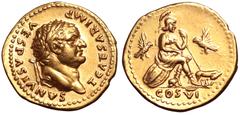 Roman Imperial Titus, as Caesar, AV Aureus. Rome, AD 77-78. T CAESAR IMP VESPASIANVS, laureate headt right / Roma, helmeted, seated right on two shields, left foot on helmet, holding spear before her;