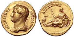 Roman Imperial Hadrian AV Aureus. Rome, AD 134-138. HADRIANVS AVG COS III PP, laureate and draped bust left / AEGYPTOS, Egypt reclining left, holding a sistrum, left arm resting on a basket around whi