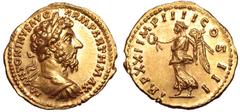 Roman Imperial Marcus Aurelius AV Aureus. Rome, December AD 166-167. M ANTONINVS AVG ARM PARTH MAX, laureate, draped and cuirassed bust right / TR P XXI IMP IIII COS III, Victory advancing left, holdi