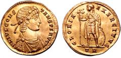 Roman Imperial Constans AV Multiple of 1 1/2 Solidi. Treveri, AD 342-343. FL IVL CONSTANS P F AVG, laurel and rosette-diademed, draped and cuirassed bust right / GLORIA EXERCITVS, emperor standing lef