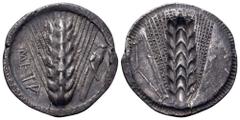 Greek Lucania, Metapontion AR Stater. Circa 510 BC. Ear of barley upright with seven grains on each side, META downwards to left, grasshopper to right; raised and braided dotted border around / Incuse