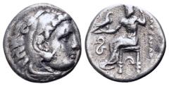 Greek Kingdom of Macedon, Alexander III 'the Great' AR Drachm. Lampsakos, circa 323-317 BC. Head of Herakles right, wearing lion's skin / Zeus Aëtophoros seated left, holding sceptre; ΑΛEΞANΔPOY to ri
