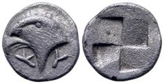 Greek Aeolis, Kyme AR Hemiobol. Circa 450-400 BC. Head of eagle left; K-Y across / Quadripartite incuse square. Klein 333; SNG Copenhagen 31. 0.46g, 7mm. Good Very Fine. 6013.15.13