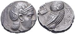 Greek Parthia(?), 'Athenian Series' AR Tetradrachm. Hekatompylos(?), circa 246/5-239/8 BC. Attic standard. Head of Athena right, wearing earring, necklace, and crested Attic helmet decorated with thre