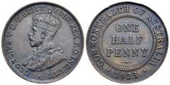 Medieval and Modern Australia. George V (1910-1936) CU Half Penny. Struck 1923 (Keydate). KM22. 5.57g, 25mm, 12h. Extremely Fine. Rare Date. Krause catalogue price(s) for this item: $3500 in VF, $1400
