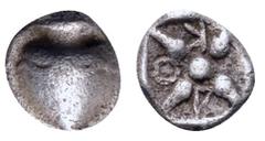 Greek Illyria, Korkyra AR Hemiobol. Circa 525/10-490/70 BC. Amphora / Stellate pattern, K-O-P around; all within incuse square. Cf. HGC 6, 61; Gorny&Mosch 245, 1256 (same dies). 0.35g, 6mm. Very Fine.