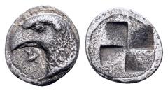 Greek Aeolis, Kyme AR Hemiobol. Circa 450-400 BC. Head of eagle left; KY to left / Quadripartite incuse square. BMC 11; SNG Copenhagen 32; SNG von Aulock 1623 var. (K retrograde); SNG Ashmolean -. 0.4