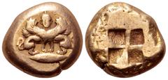 Greek Mysia, Kyzikos EL Stater. Circa 500-450 BC. Double-bodied winged sphinx standing with head facing atop tunny fish to right, wearing ouraios, hair falling in plaited locks behind / Quadripartite 