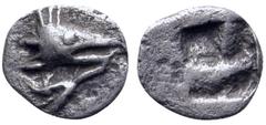 Greek Mysia, Kyzikos AR Hemiobol. Circa 600-550 BC. Head of tunny right; below, tail of tunny / Quadripartite incuse square. Von Fritze II -; SNG France -; SNG von Aulock -; Rosen -; Klein -; Cf. Roma