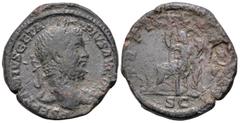 Roman Imperial Geta Æ Sestertius. Rome, AD 211. P SEPTIMIVS GETA PIVS AVG BRIT, laureate head right / TR P III COS II P P, Italia seated left, holding sceptre and cornucopiae; at her feet, female figu