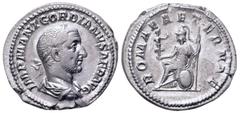 Roman Imperial Gordian I Africanus AR Denarius. Rome, March-April 238 AD. IMP M ANT GORDIANVS AFR AVG, laureate, draped and cuirassed bust right / ROMAE AETERNAE, Roma seated left on shield, holding v