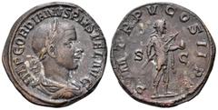Roman Imperial Gordian III Æ Sestertius. Rome, AD 242. IMP GORDIANVS PIVS FEL AVG, laureate, draped and cuirassed bust right / P M TR P V COS II P P, Gordian in military dress, standing right, holding