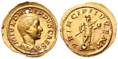 Roman Imperial Philip II, as Caesar, AV Aureus. Rome, AD 244-246. M IVL PHILIPPVS CAES, bareheaded and draped bust right / PRINCIPI IVVENT, Philip II in military dress, standing right, holding transve