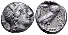Greek Attica, Athens Fourée Tetradrachm. Circa 405 BC. Head of Athena right, in crested Attic helmet ornamented with three olive leaves above visor and spiral palmette on bowl, wearing round earring w