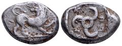Greek Dynasts of Lycia, Kuprilli AR Stater. Circa 480-440 BC. Lion standing right, head left, raising forepaw / Triskeles; KO-ΠP-ΛΛE around; all in pelleted square within incuse square. Cf. Mørkholm &