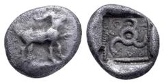 Greek Dynasts of Lycia, Kuprilli AR Diobol. Circa 470-440 BC. Goat standing right / Triskeles within incuse square. Mørkholm/Zahle 115 (Stater). 1.14g, 10mm. Very Fine.