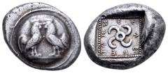 Greek Dynast of Lycia, Teththiveibi AR Stater. 460-425 BC. Two cocks facing one another on a round shield / Tetraskeles, legend around, within dotted square. Cf. SNG von Aulock 4158. 8.54g, 20mm, 11h.