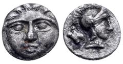 Greek Pisidia, Selge AR Hemiobol. Circa 3rd Century BC. Gorgoneion / Helmeted head of Athena right; astragalos behind. Cf. SNG France 1931 (obol); cf. SNG Kayhan 1059 (obol). 0.50g, 9mm, 12h. Very Fin