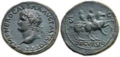Roman Imperial Nero Æ Sestertius. Lugdunum, circa AD 67. IMP NERO CAESAR AVG P M TR POT P P, laureate head left, with small globe at point of bust / DECVRSIO in exergue, S-C across fields; Nero on hor