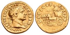 Roman Imperial Trajan AV Aureus. Rome, AD 103-111. IMP CAES NERVA TRAIAN AVG GERM, laureate bust right, with aegis on far shoulder / DACICVS COS V P P, Emperor in quadriga left, holding branch and sce