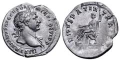 Roman Imperial Trajan AR Denarius. Rome, AD 112-114. IMP TRAIANVS AVG GER DAC PM TRP COS VI PP, laureate bust right, with drapery on far shoulder / DIVVS PATER TRAIAN, Divus Pater seated left, holding