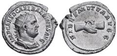 Roman Imperial Balbinus AR Antoninianus. Rome, AD 238. IMP CAES D CAEL BALBINVS AVG, radiate, draped, and cuirassed bust right / FIDES MVTVA AVGG, clasped right hands. RIC 11; RSC 6. 4.07g, 23mm, 11h.