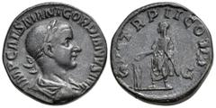 Roman Imperial Gordian III Ӕ Sestertius. Rome, AD 239. IMP CAES M ANT GORDIANVS AVG, laureate, draped and cuirassed bust right / P M TR P II COS P P, Gordian standing right, holding patera over lighte