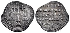 Byzantine Basil II Bulgaroktonos, with Constantine VIII, AR Miliaresion. Constantinople, AD 977-989. Єh TOVTѠ hICAT' bASILЄI C CѠhST, cross crosslet with central X set globus on four steps, between cr