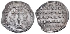 Byzantine Basil II Bulgaroktonos, with Constantine VIII, AR Miliaresion. Constantinople, AD 977-989. Єh TOVTѠ hICAT' bASILЄI C CѠhST, cross crosslet with central X set globus on four steps, between cr