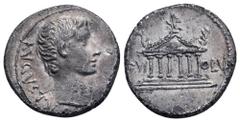 Roman Imperial Augustus AR Denarius. Uncertain mint in the northern Peloponnesos, 21 BC. AVGVSTVS, bare head of Augustus right / Hexastyle temple of Zeus at Olympia, seen from front, round shield in p