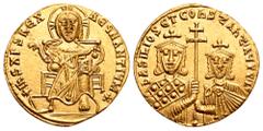 Byzantine Basil I the Macedonian, with Constantine, AV Solidus. Constantinople, AD 870-871. + IҺS XPS REX REGNANTIЧM*, Christ, nimbate, seated facing, wearing chiton, raising hand in benediction and h