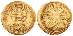 Byzantine Basil II Bulgaroktonos, with Constantine VIII, AV Histamenon Nomisma. Constantinople, AD 1005-1025. +IhS XIS REX REGNANTINM, facing bust of Christ Pantokrator; crescents in upper quarters of