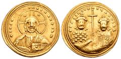 Byzantine Basil II Bulgaroktonos, with Constantine VIII, AV Histamenon Nomisma. Constantinople, AD 1005-1025. +IhS XIS REX REGNANTINM, facing bust of Christ Pantokrator; crescents in upper quarters of