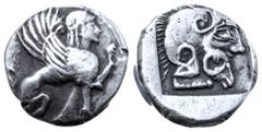 Greek Islands off Thrace, Samothrace(?) AR Diobol. Circa 500-475 BC. Sphinx seated right, with raised forepaw / Bearded head right, wearing crested helmet(?), within shallow incuse square. Unpublished