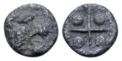 Greek Asia Minor, uncertain mint AR Tetartemorion. Circa 500-480 BC. Head of roaring lion right / Quadripartite incuse square with pellet in each quarter. Leu Web Auction 2, 303; Gitbud & Naumann 6, 9