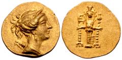 Greek Ionia, Ephesos AV Stater. Circa 155-140 BC. Draped bust of Artemis right, wearing stephane, and with bow and quiver over shoulder / Cult statue of the Artemis of Ephesos facing, a fillet hanging