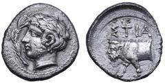 Greek Sicily, Stiela AR Hemidrachm. Circa 415-400 BC. Laureate, young male head left, branch before / Forepart of man-headed bull left; ΣTIA above. SNG ANS 748; Jameson 733; BMC 2; Rizzo 16, pl. LX, 1