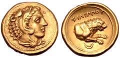 Greek Kingdom of Macedon, Philip II AV Hemistater. Lifetime issue. Amphipolis, circa 340-328 BC. Head of Herakles right, wearing lion skin headdress / Forepart of lion to right; crescent below, ΦΙΛΙΠΠ