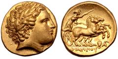 Greek Kingdom of Macedon, Philip II AV Stater. Struck under Philip III. Amphipolis, circa 323-315 BC. Laureate head of Apollo right / Charioteer driving biga to right, holding kentron in right hand, r