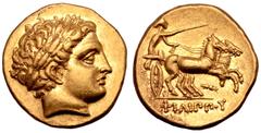 Greek Kingdom of Macedon, Philip II AV Stater. Struck under Philip III. Pella, circa 323-317 BC. Laureate head of Apollo right / Charioteer driving biga to right, holding kentron in right hand, reins 