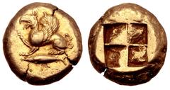 Greek Mysia, Kyzikos EL Stater. Circa 500-450 BC. Roaring griffin standing to left on tunny fish, right foreleg raised and tongue protruding / Quadripartite incuse square. Von Fritze 101; Greenwell 14