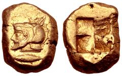 Greek Mysia, Kyzikos EL Stater. Circa 500-450 BC. Bearded head of Poseidon to left, wearing a helmet in the form of the head of a sea monster; tunny fish to right below / Quadripartite incuse square. 